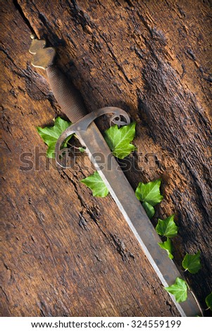 Rusty antique sword decorated with ivy on a medieval wooden trunk