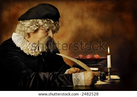 Lawyer or writer writing with a feather - both clothing and lighting are Rembrandt style