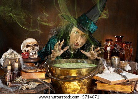 Ugly old halloween witch casting a spell over her cauldron