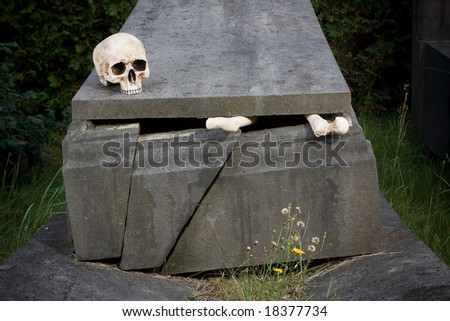 Halloween scene of broken bones and skull on a tombstone