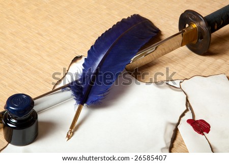 Feather and letter with a japanese sword