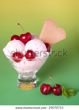 Ice cream sundae with cherries and a biscuit