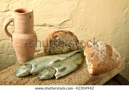 Fish, bread and wine as symbols of Jesus life