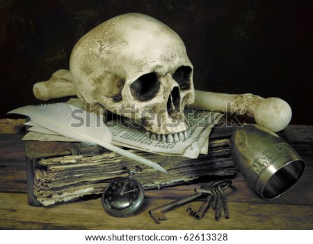 Photo impression of the old master painting ?vanitas? with antique skull