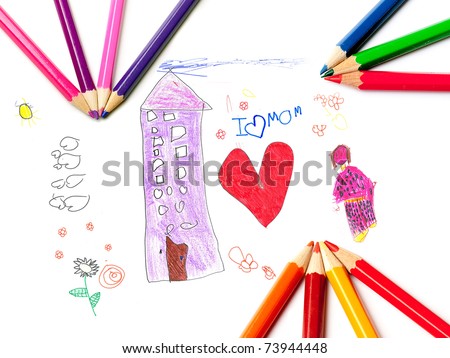 Children\'s drawing with coloring pencils for mother\'s day