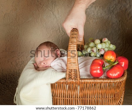 Vintage basket with groceries and an 18 year old sleeping baby