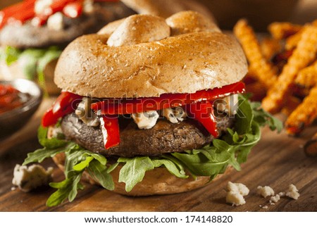 Healthy Vegetarian Portobello Mushroom Burger with Cheese and Veggies
