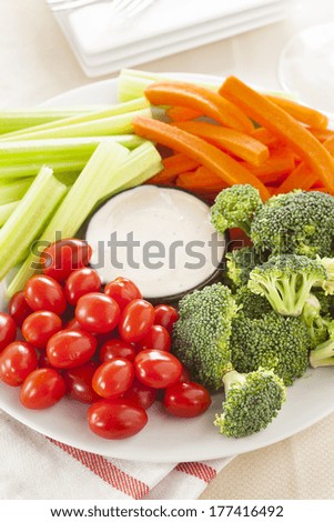Organic Raw Vegetables with Ranch Dip with Tomatoes, Celery, Brocolli, and Carrots