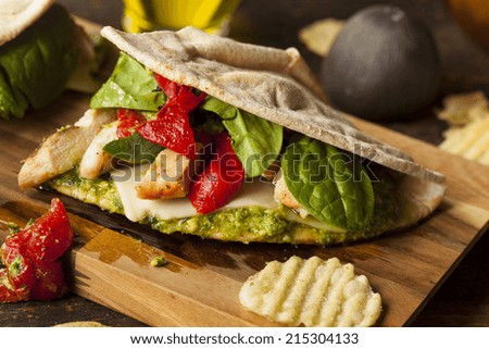 Healthy Grilled Chicken Pesto Flatbread Sandwich with Peppers and Spinach