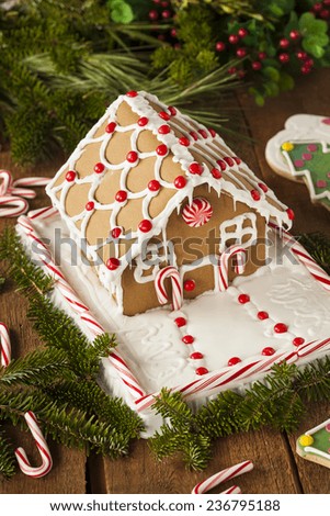 Homemade Candy Gingerbread House with Candycanes and Frosting