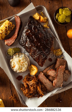 Barbecue Smoked Brisket and Ribs Platter with Pulled Pork and Sides
