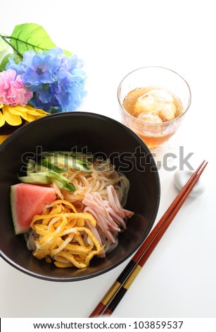 japanese summer cuisine, cold noodle with cucumber and watermelon