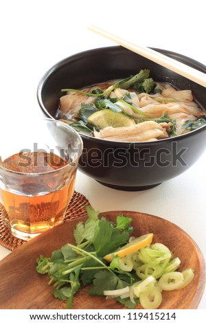 Asian cuisine, chicken Pho ka and iced tea for vietnamese cuisine