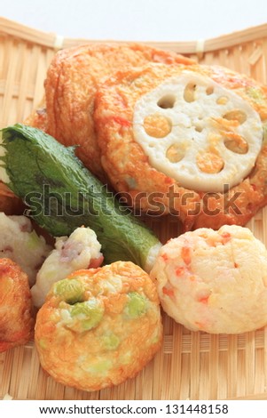 japanese food, assorted of satsumaage fish cake and ball on bamboo basket