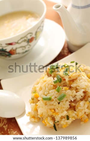chinese cuisine, pork and egg fried rice and chicken corn soup