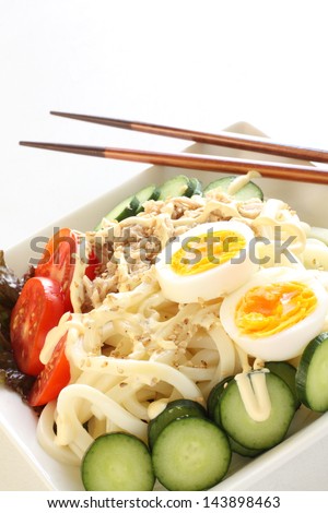 Japanese cuisine, cold udon noodles with mayonnaise and vegetable for summer food image