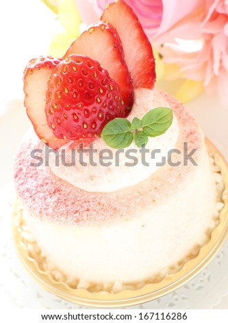 Lovey strawberry mousse cake on white background,