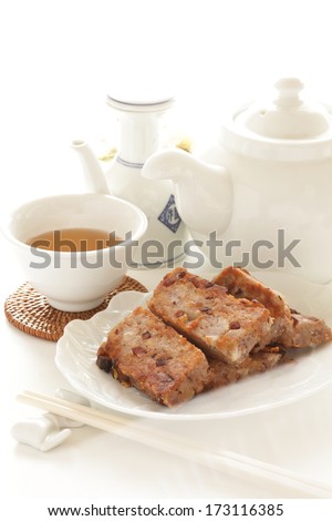 chinese new year food, pan fried Taro cake and tea
