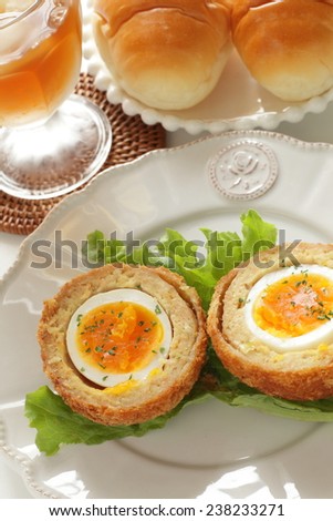 English food, Scotch egg and butter roll bread for gourmet brunch food
