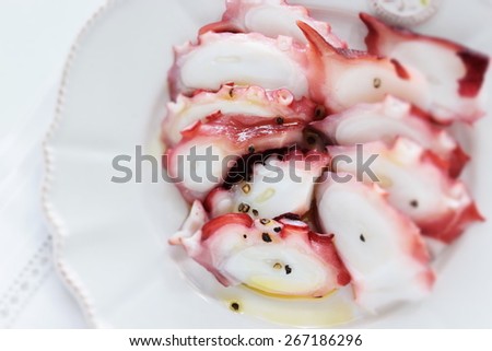 Italian and Japanese fusion food, boiled octopus Carpaccio