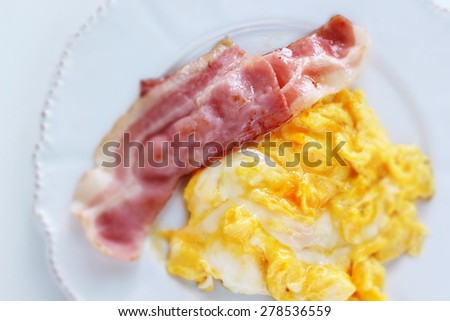 homemade breakfast, scrambled egg and bacon