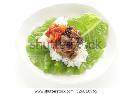 Korean food, Kimchi and BBQ beef on rice for lettuce wrapping