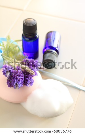 Aroma oil and soap with lavender for beauty and health-care image