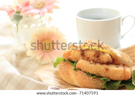 Japanese donkatsu sandwich with hot drink