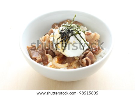 Japan cuisine, pork and onion stir fired on rice don with hot spring egg