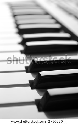 Piano keys close-up view black&white