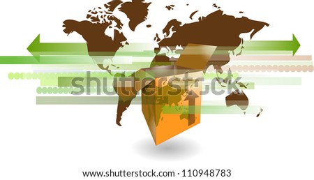 Cardboard shipping box with world map for international shipping