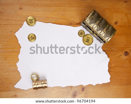 Pirate blank map with treasure, coins and ring