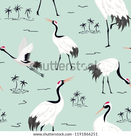 Seamless Pattern with Japanese Cranes, Retro Bird Background, Fashion Print, Birthday Japanese Decoration Set. Vector Illustration