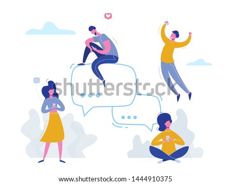 Vector concept people characters chatting with phones on social media, networking, community group. Illustration design for web banner, marketing material, business presentation, online advertising