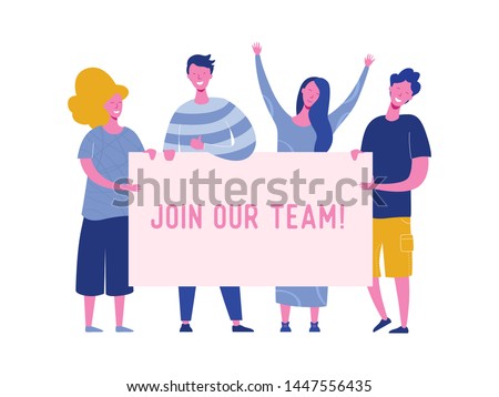 Happy people holding hiring banner, recruitment concept with people characters, agency interview, join our team. Template for web landing page, presentation, social media. Vector illustration