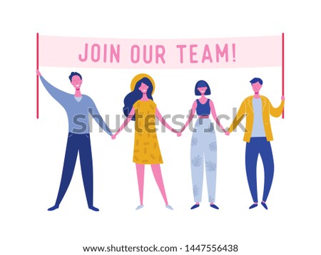 Happy people holding hiring banner, recruitment concept with people characters, agency interview, join our team. Template for web landing page, presentation, social media. Vector illustration