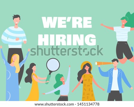 Happy people on hiring banner, recruitment concept with people characters, agency interview, join our team. Template for web landing page, presentation, social media. Vector illustration