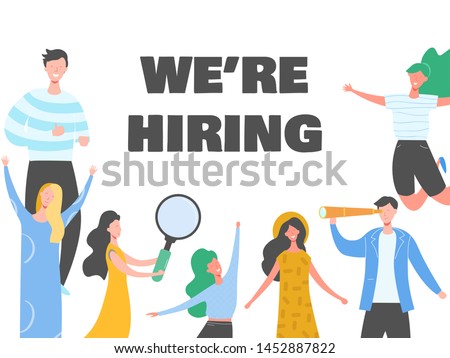 Happy people on hiring banner, recruitment concept with people characters, agency interview, join our team. Template for web landing page, presentation, social media. Vector illustration