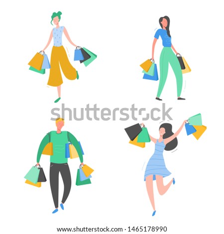 Set of people with Shopping Bags and Presents. Man and woman Characters, Big sale, Discount and Advertising Banner, promo Poster Concept illustration in vector