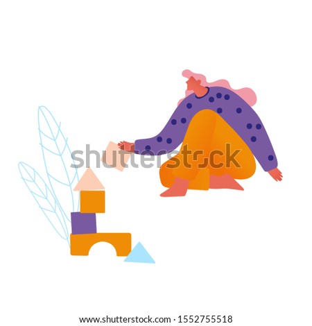 Adult Girl Playing with Kids Wooden Blocks Building Tower Isolated on White Background. Kindergarten Education Concept, Preschool Learning and Children Activity. Cartoon Flat Vector Illustration
