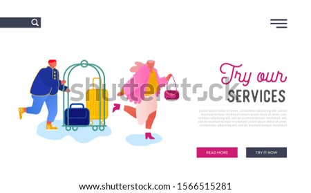 Hospitality Website Landing Page. Hotel Staff Meeting Guest Carrying Luggage by Cart. Businesswoman Stay in Guesthouse for Vacation or Business Trip Web Page Banner. Cartoon Flat Vector Illustration