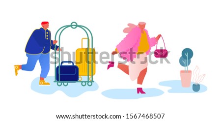 Hotel Staff Meeting Guest in Hall Carrying Luggage by Cart. Businesswoman Stay in Guesthouse for Vacation or Business Trip. Hospitality Appointment, Room Reservation. Cartoon Flat Vector Illustration