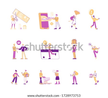 Set of People and Money Isolated on White Background. Male and Female Characters Using Debit and Credit Cards, Online Cashless Payment, Earning Salary, use Currency, Coupon. Linear Vector Illustration