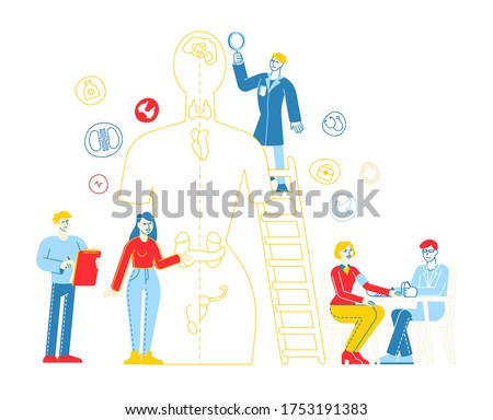 Endocrinology, Hormone Disease and Disbalance. Medicine and Biology Endocrine System Branch. Doctor and Patient Character Behavioral Comparative Treatment Research. Linear People Vector Illustration