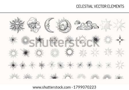 Set of Vintage Design Elements. Sun, Moon, Stars, Moonlight Oriental Style Celestial Astrological Symbols for Fabric, Wallpaper, Decoration. Isolated vector illustration