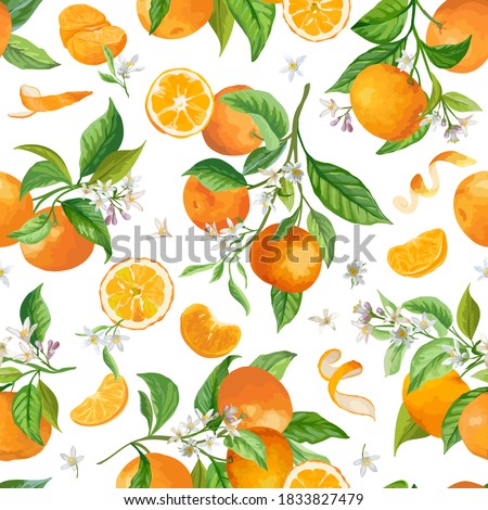 Mandarin Floral Pattern, Vector Seamless Fruit Background, Citrus Fruits, Flowers, Leaves, Limes Branches Texture. Watercolor Style Lemons. Vintage Lemon Design for Print, Wedding, Backdrop, Wallpaper
