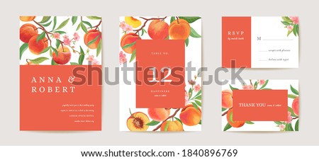 Wedding peach invitation card, vintage botanical Save the Date set. Design template of fruits, flowers and leaves, blossom illustration. Vector trendy cover, pastel graphic poster, brochure
