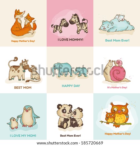Happy Mother\'s Day Cards - with cute animals - in vector