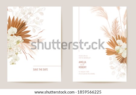 Wedding dried lunaria, orchid, pampas grass floral Save the Date set. Vector exotic dry flower, palm leaves boho invitation card. Watercolor template frame, foliage cover, modern background design