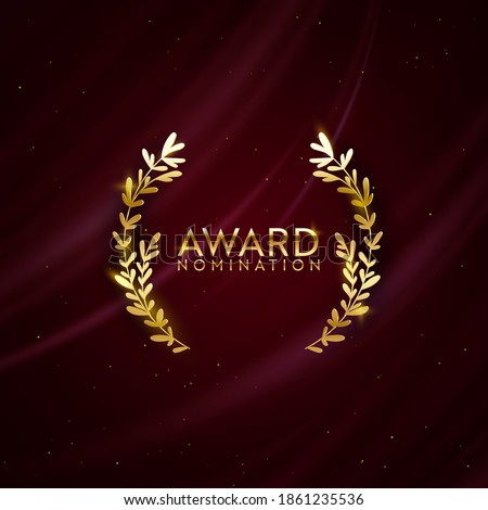 Award nomination design background. Golden winner glitter banner with laurel wreath. Vector ceremony luxury invitation template, realistic silk abstract fabric texture, prize nominee business